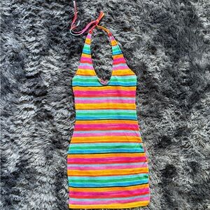 Multicolor Striped Halter Mini Dress | Rainbow Backless Bodycon Summer Dress